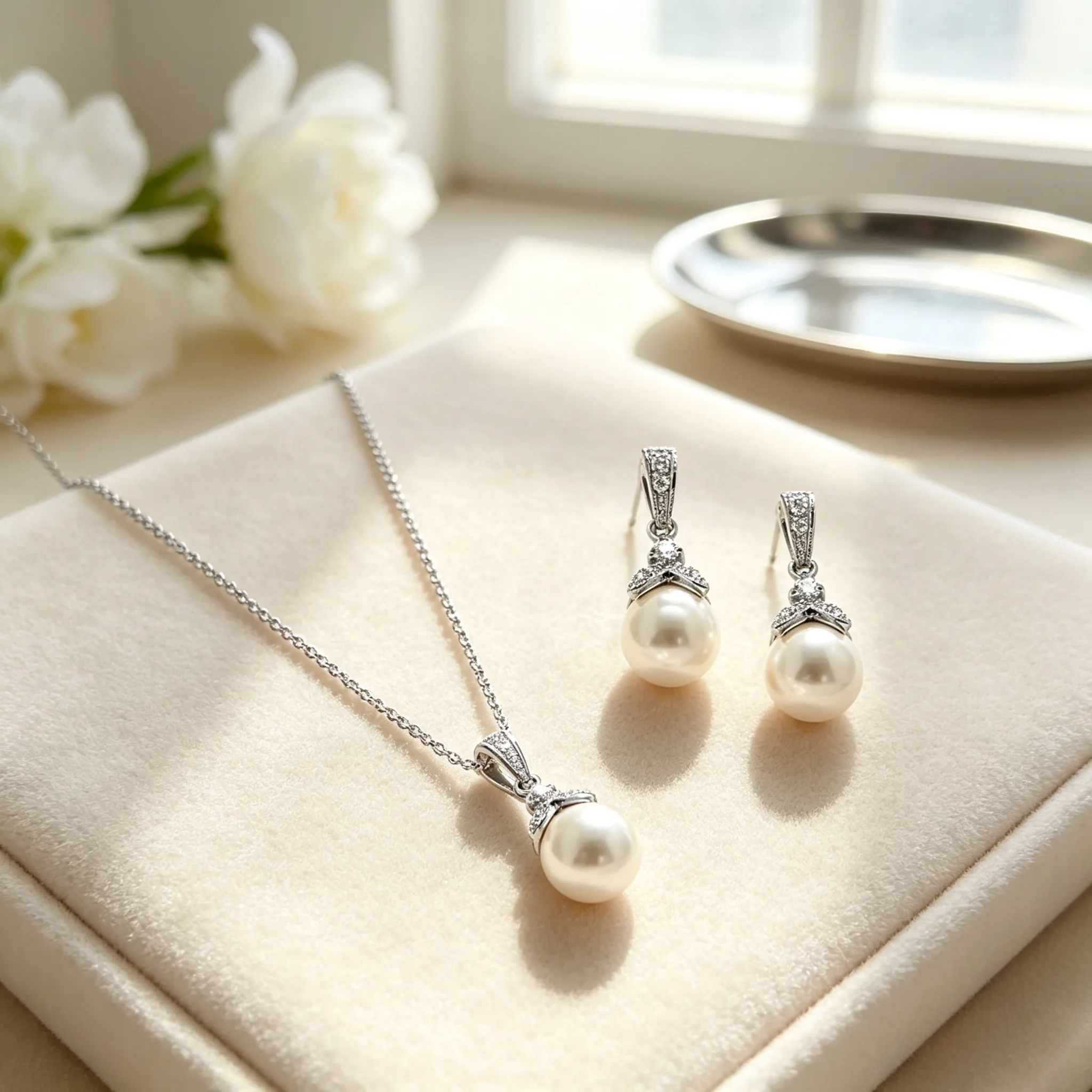 French Elegant Rhinestone Pearl Pendant Necklaces Round Imitation Pearl Drop Earrings classic Jewelry Sets for Women Daily Bridal view 2