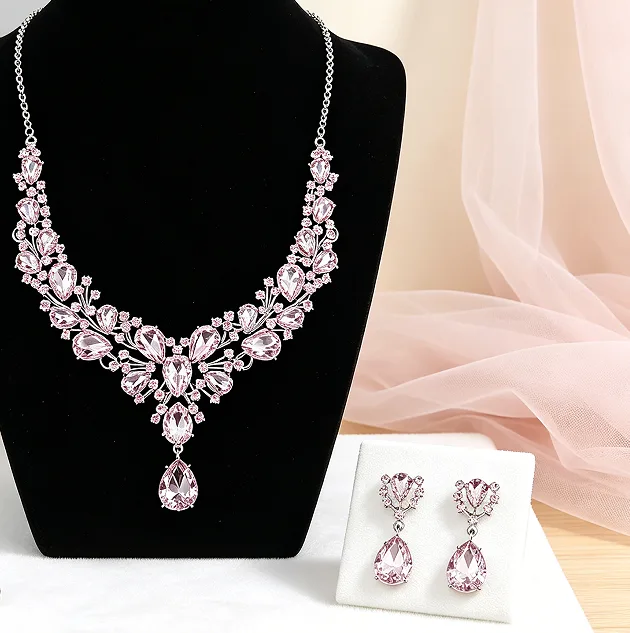 Romantic Floral Cluster Pink Teardrop purple Rhinestone Y Drop Bib Necklaces Dangle Earrings Women Prom Wedding Elegant fashion diamond Jewelry joias de luxo