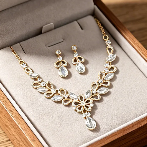 luxury Full with Rhinestone flower pendant necklaces waterdrop earrings jewelry sets for women Daily Party gift view 3