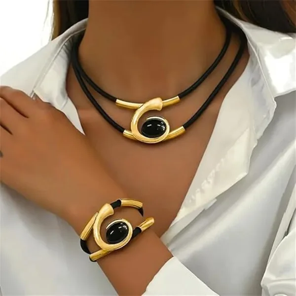 Boho Spiral Oval Black Stone Double Cord Necklaces Loop Stone Bracelets Women Personalized chunky Statement Jewelry Sets view 3