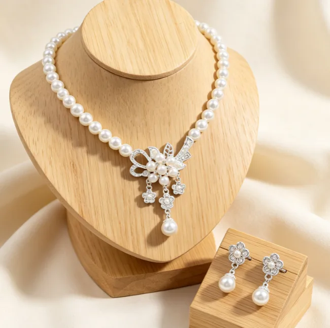 Elegant Floral Rhinestone Pendant Necklaces flower Drop Earrings Imitation Pearl beaded Bridal Wedding Banquet Women Jewelry Sets