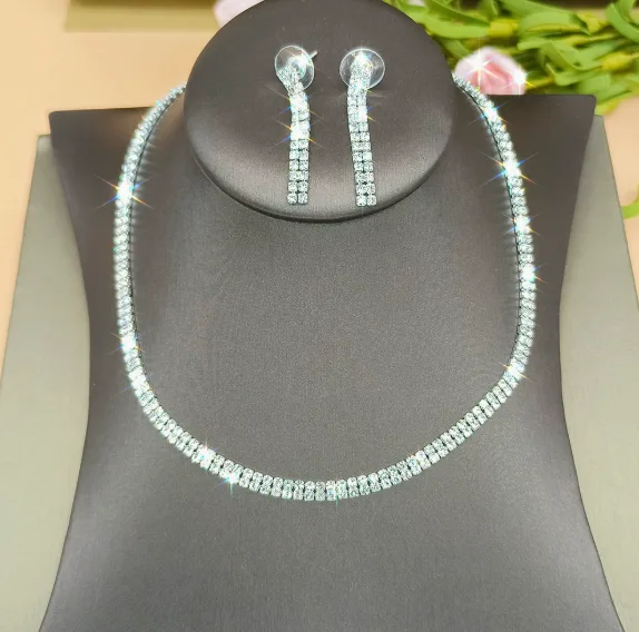 luxury Full Rhinestone Bridal Wedding jewelry tennis bracelet drop earrings necklaces for women sets Party view 2