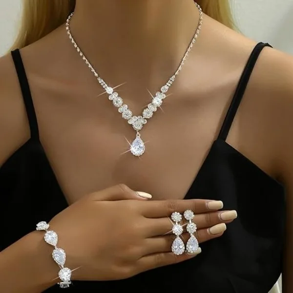 luxury Elegant Teardrop Rhinestone Necklaces Drop Earrings Irregular Bracelets for bridal fashion Women Wedding Jewelry Sets view 3