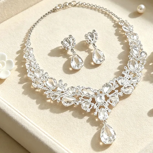 Elegant Champagne Teardrop Rhinestone Floral V Shape Pendant Necklaces Linked Gem Wrist Chain Matching Floral Drop Ear Ornaments Women Wedding Banquet Luxury Jewelry Sets