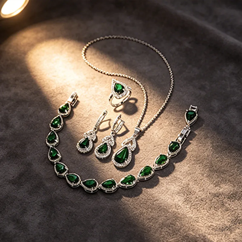 green Rhinestone Teardrop necklace Design wholesale hoops earrings bracelet ring for Women luxury Anniversary jewelry sets