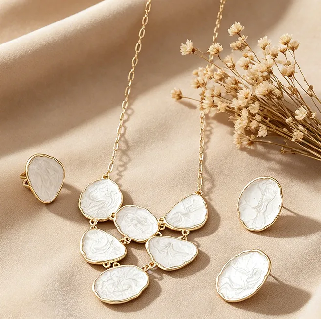 Cream Swirl Texture Irregular Slice Bib Pendant Necklaces Matching Open Cuff Bracelet Stud Earrings Adjustable Ring Women Statement Jewelry view 3