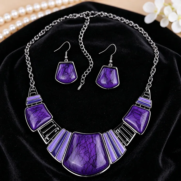 Boho Gradient Purple Crack Texture Geometric Panel Collar Necklaces Trapezoid Hook Dangle Ear Pendants Women Ethnic Vintage Party Statement Jewelry Sets