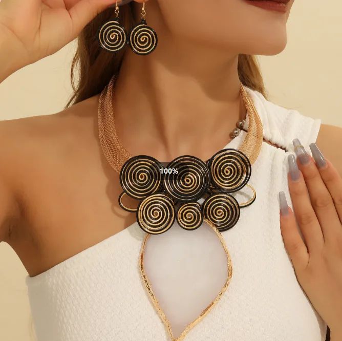 Bohemian Oversized Spiral Metal Cluster Leaf Slice Pendant Choker Necklaces Round Swirl Drop Earrings Ethnic Statement Women Jewelry view 3