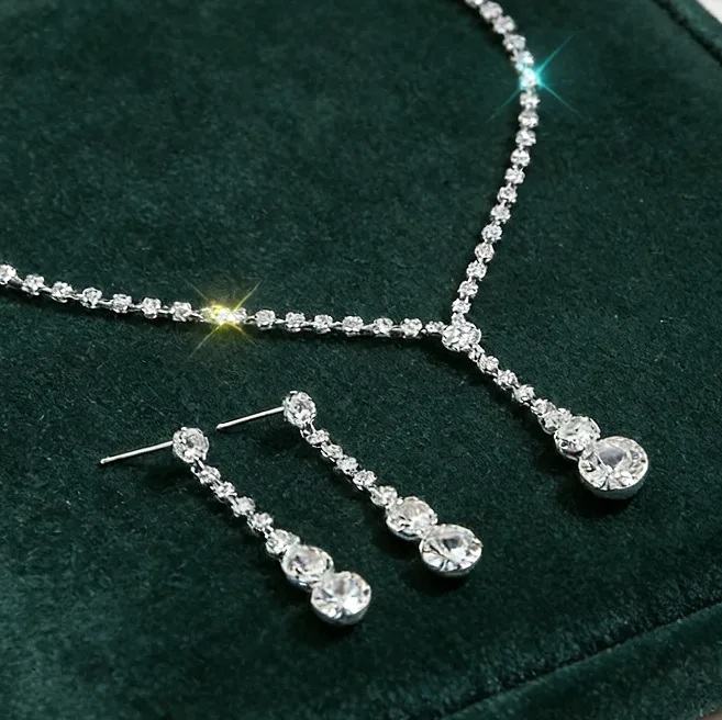 Shiny Round Rhinestone Y Shape Drop Pendant diamond Necklaces Long Tassel Earrings Charms Wedding Prom Jewelry for women view 3