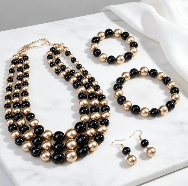 Multi Strand mix Black Cream beaded Imitation Pearl Necklaces Earrings Stretchable Mixed Bracelets Women Statement Jewelry Sets view 2