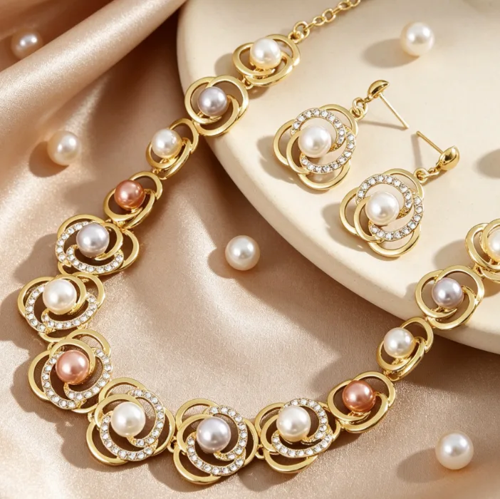 2026 Gold Plated Imitation Pearl Jewelry Sets Bamboo Chain Necklace Earrings Bridal Wedding Evening Party Accessories for Women