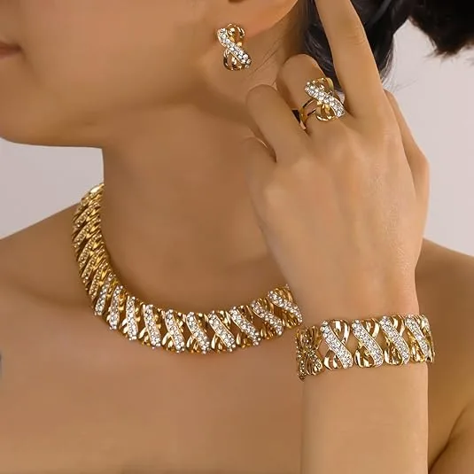 Dubai Luxury Intertwined Twist Rhinestone Necklaces Stud Earrings Wide Bracelets Statement Rings Wedding women bridal Jewelry Sets