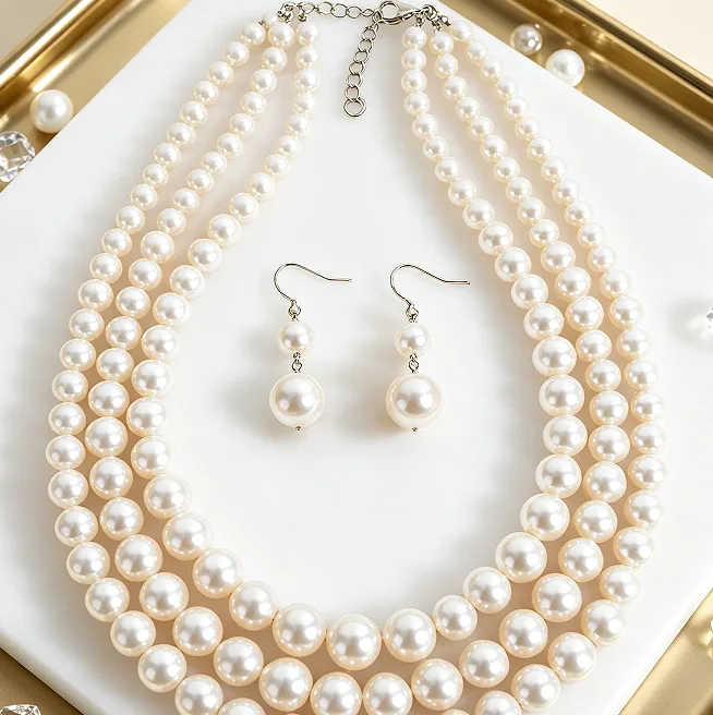 Glossy black beaded Imitation Pearl Multi Layer Collar Necklace Dual Gradient Round Drop Ear Ornaments Women French Retro Maillard Tone Evening Dress Jewelry Sets view 2