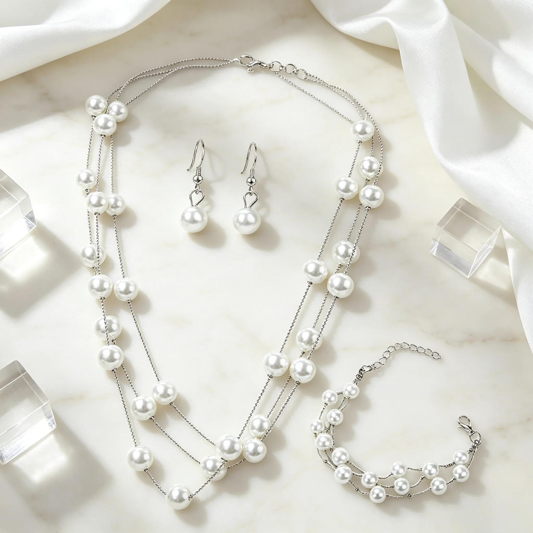 Minimalist Multi Layer Floating Pearl Strand Necklaces Hollow Loop Pearl Drop Earrings Women Daily Bridal Layering Jewelry Sets