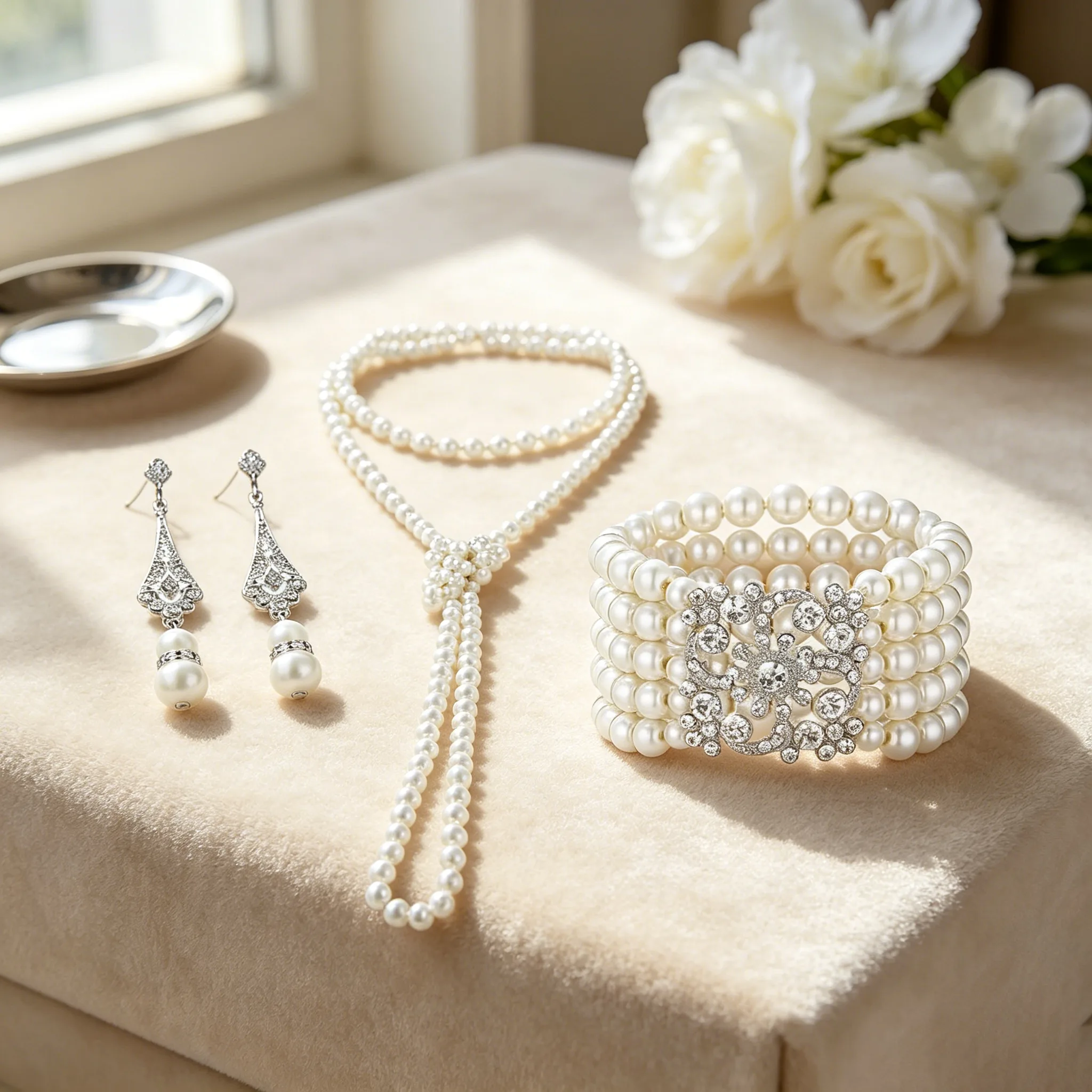 French long Tassel Y Shape Pearl Necklaces Rhinestone Drop Earrings Multi layer wide Bracelets Jewelry Sets for Women Wedding view 3