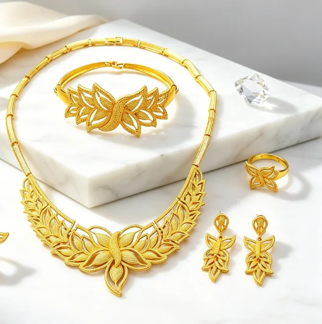 Dubai Luxury Hollow Floral Necklaces Leaf Flower Dangle Earrings Wide Cuff Bracelets Flower Rings Wedding Jewelry Sets for bridal women view 2