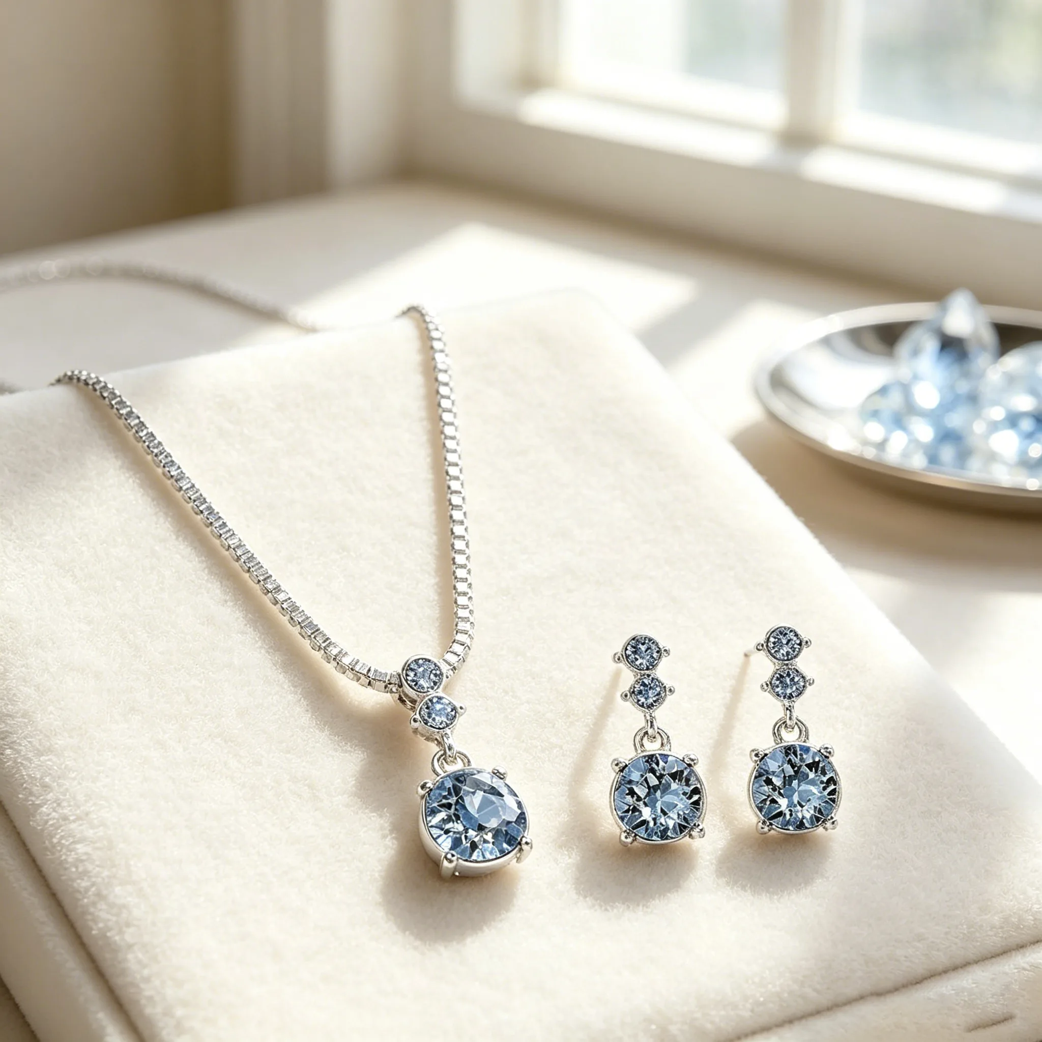 Elegant Round blue Stone Pendant Necklaces Drop Earrings for Women Wedding Jewelry Sets Fashion Accessories