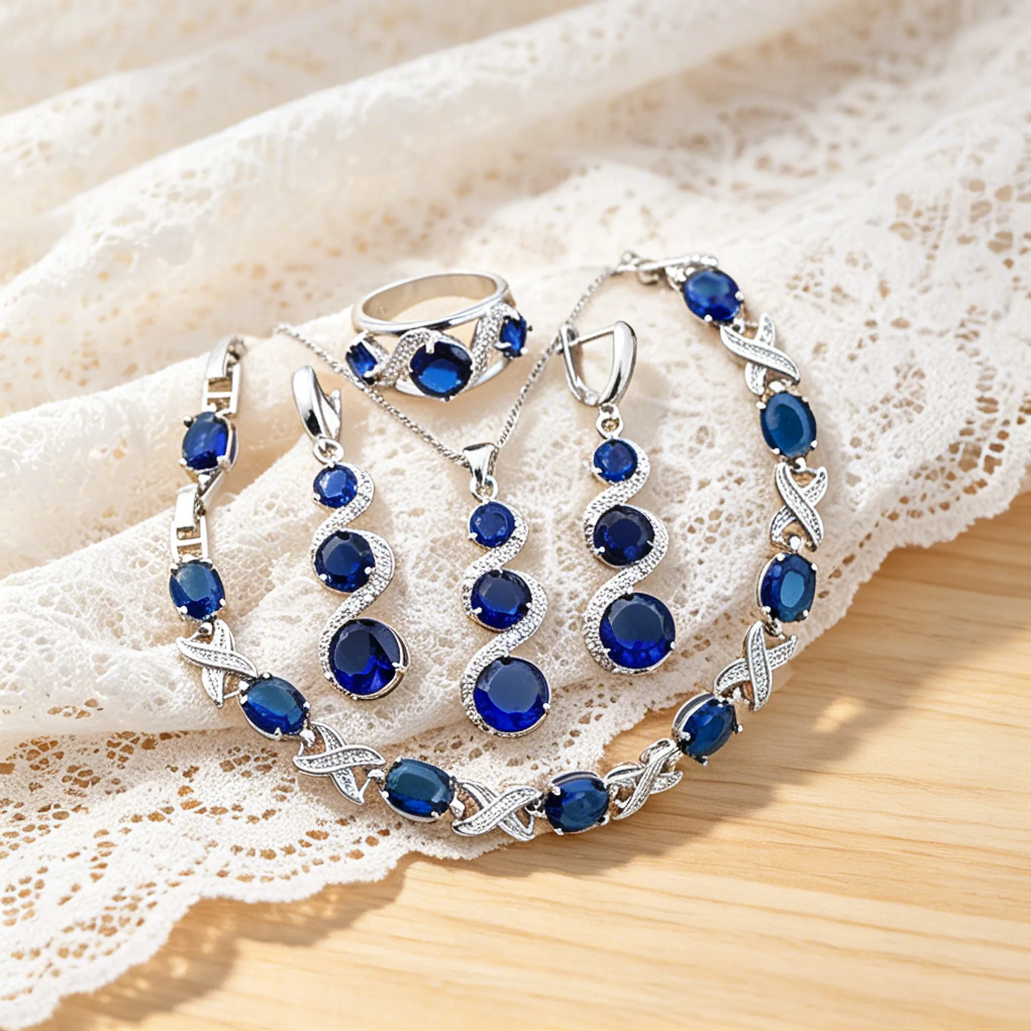Full blue Rhinestone pendant necklace luxury hoops earrings bracelets ring fancy for ladies Women luxury jewelry sets