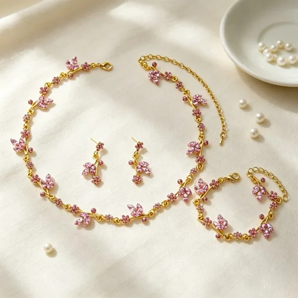 Romantic Floral flower Pink Stone Necklaces Drop Earrings Bracelets Women Wedding Bridal Party gold color Jewelry Sets view 2