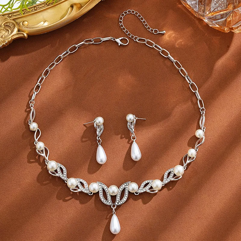 Bridal Wedding Hollow Pearl Choker Necklaces Teardrop Earrings Elegant Banquet Waterdrop Leaf Jewelry Setsfor women