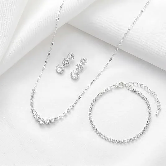 Elegant Pave Clear Rhinestone V-Shaped Pendant Necklaces Three Round Stone Drop Earrings Tennis Rhinestone Link Bracelets Women Wedding Banquet Gift Jewelry Sets