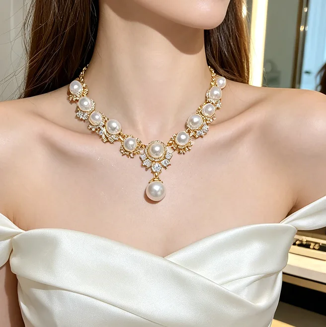 Luxury Floral shining Rhinestone Pearl Y Drop Necklaces big Round Pearl Dangle Earrings Women Wedding Gala Jewelry Sets view 3