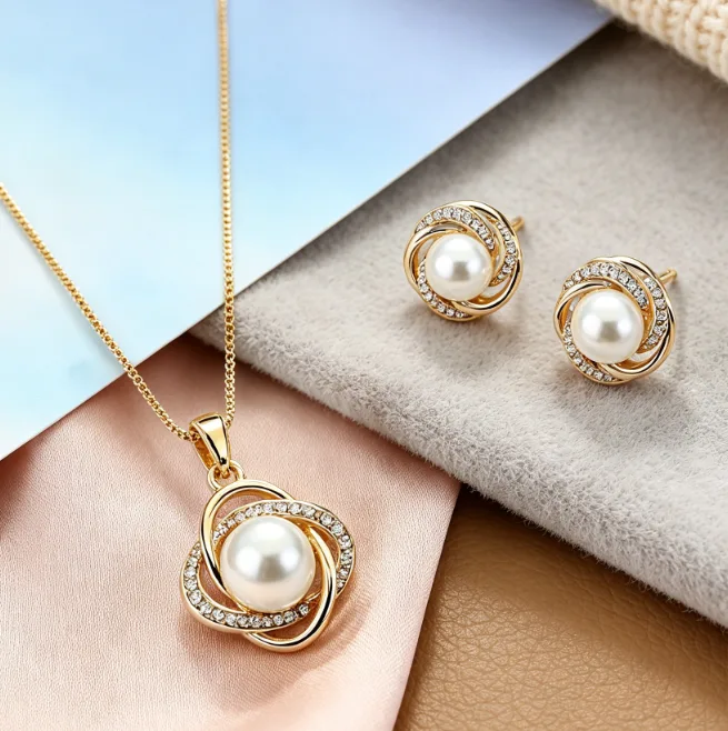 Twisted Floral Rhinestone Wreath White Imitation Pearl Pendant Thin Box Chain Necklaces Stud Earrings Women Elegant Wedding Jewelry Sets