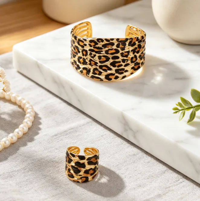 Vintage Leopard Print Irregular Wide Open Cuff Bangles Rings Exaggerated Street Women Fashion fancy jewelry Sets for ladies view 2