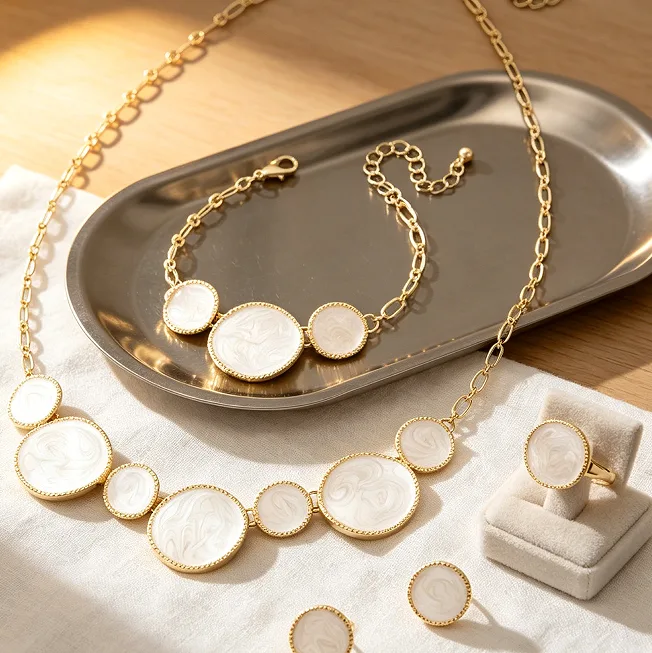 Minimalist Unique Irregular Round White Enamel Disc Pendant Necklaces Bracelet Stud Earrings Ring Daily Women Statement Jewelry