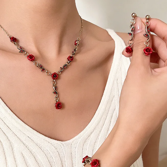 Red Rose Vine Floral Drop Necklaces Adjustable bracelet Earrings Romantic Feminine Elegant Statement Jewelry for women Valentine's Day view 3