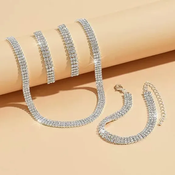 luxury Full Rhinestone Bridal Wedding jewelry tennis bracelet drop earrings necklaces for women sets Party