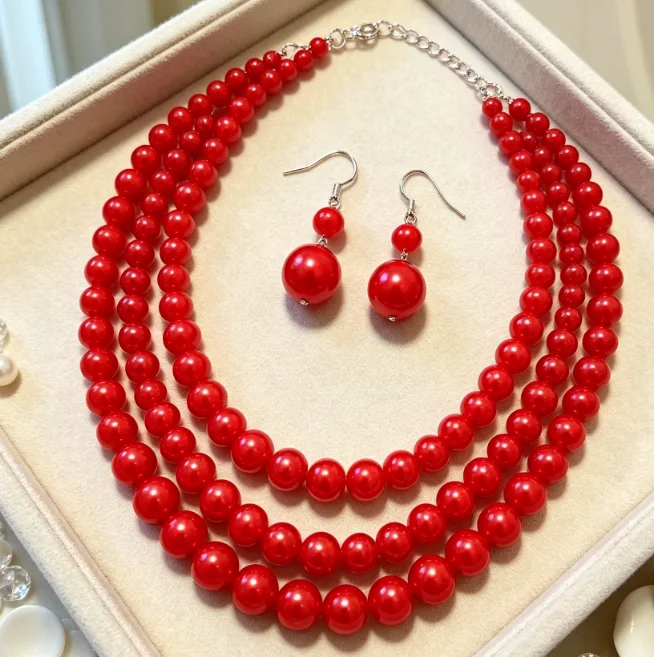 Glossy red beaded Imitation Pearl Multi Layer Collar Necklace Dual Gradient Round Drop Ear Ornaments Women French Retro Maillard Tone Evening Dress Jewelry Sets