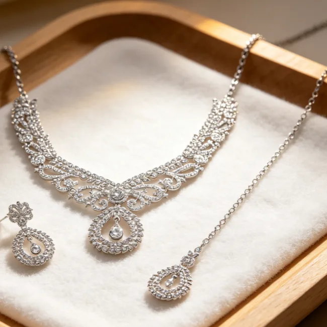 Silver Tone Hollow Teardrop Rhinestone Bridal Choker Necklaces diamond Drop Earrings Forehead Chain Glam Wedding Women Jewelry joias de luxo view 2