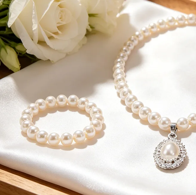 Elegant Pearl Pendant Necklaces Teardrop Drop Earrings Single Row Pearl Bracelets Women Wedding classic Jewelry Sets view 2