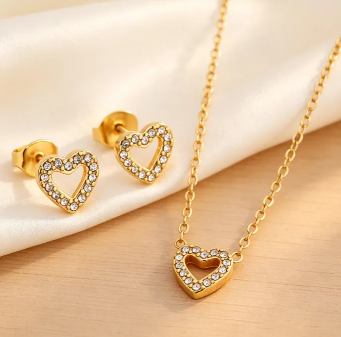 Waterproof Anti-fade Stainless Steel Shiny Zircon Hollow Heart Pendant Necklaces Stud Earrings Dainty Love Women Jewelry Sets