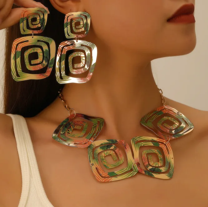 Exaggerated colorful Gradient Geometric Square Layered Necklaces Pattern Drop Earrings Trendy Party Women Statement Jewelry Sets view 3