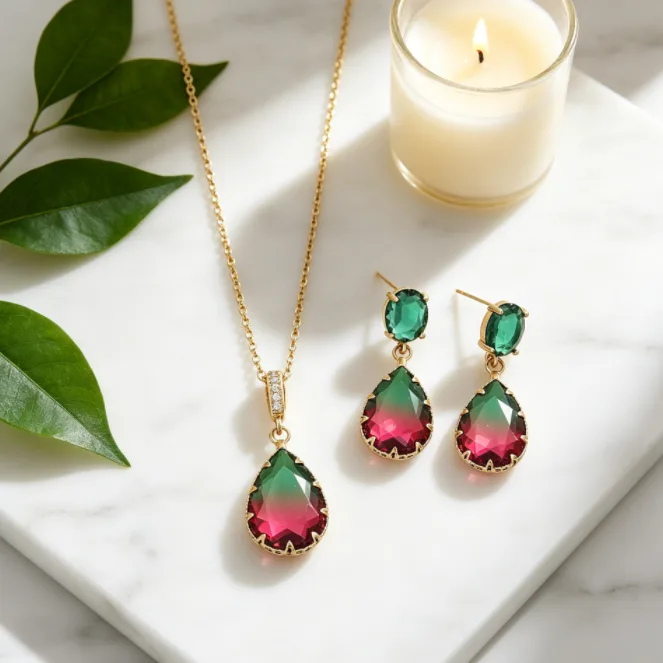 Copper Inlaid Zircon Bi-Color Teardrop Pendant Necklaces Gradient Water Drop Stud Earrings Wedding Banquet Elegant Women Fashion Jewelry view 2