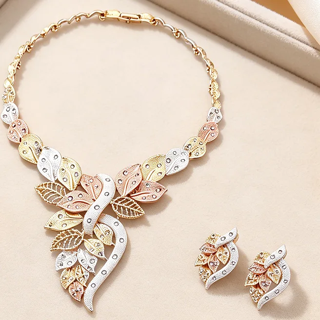 Luxury Two Tone Hollow Floral Leaf Y Drop Necklaces stud Earrings Cuff Bracelets Statement Rings Wedding Banquet Jewelry Sets view 2