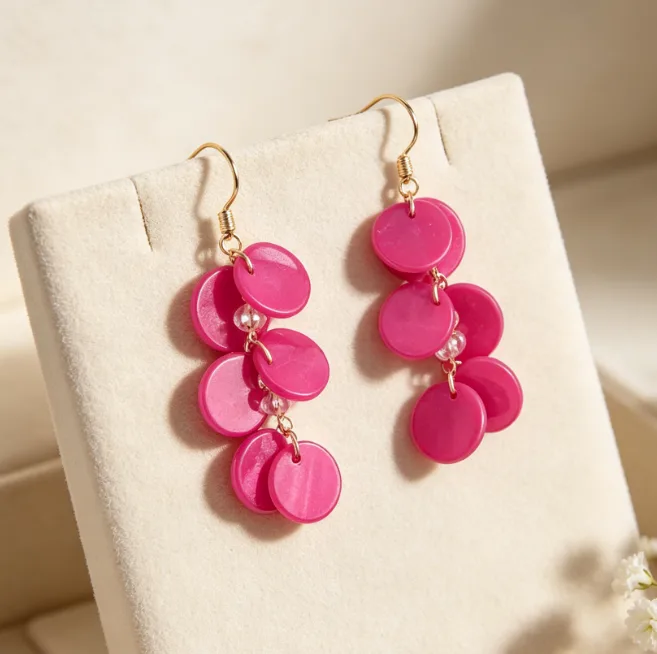 Fuchsia Round Shell Flake Collar Choker Adjustable Chain Necklaces Hook Drop Ear Charms Beach Boho Vacation Statement Jewelry for women view 2