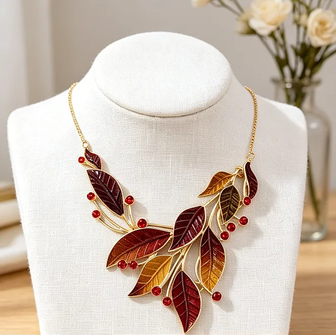 Autumn Gradient Enamel Leaf Branch Red Crystal Inlaid Bib Necklaces Two Tone Leaf Drop Earrings Retro Nature Women Fashion Statement Jewelry view 3