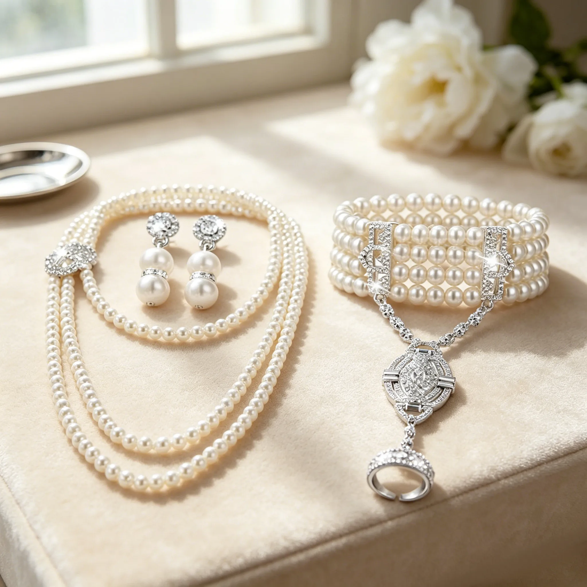French long Imitation Pearl Necklaces Drop Earrings wide Bracelets ring Vintage MultilayerJewelry Sets for Women Wedding view 3