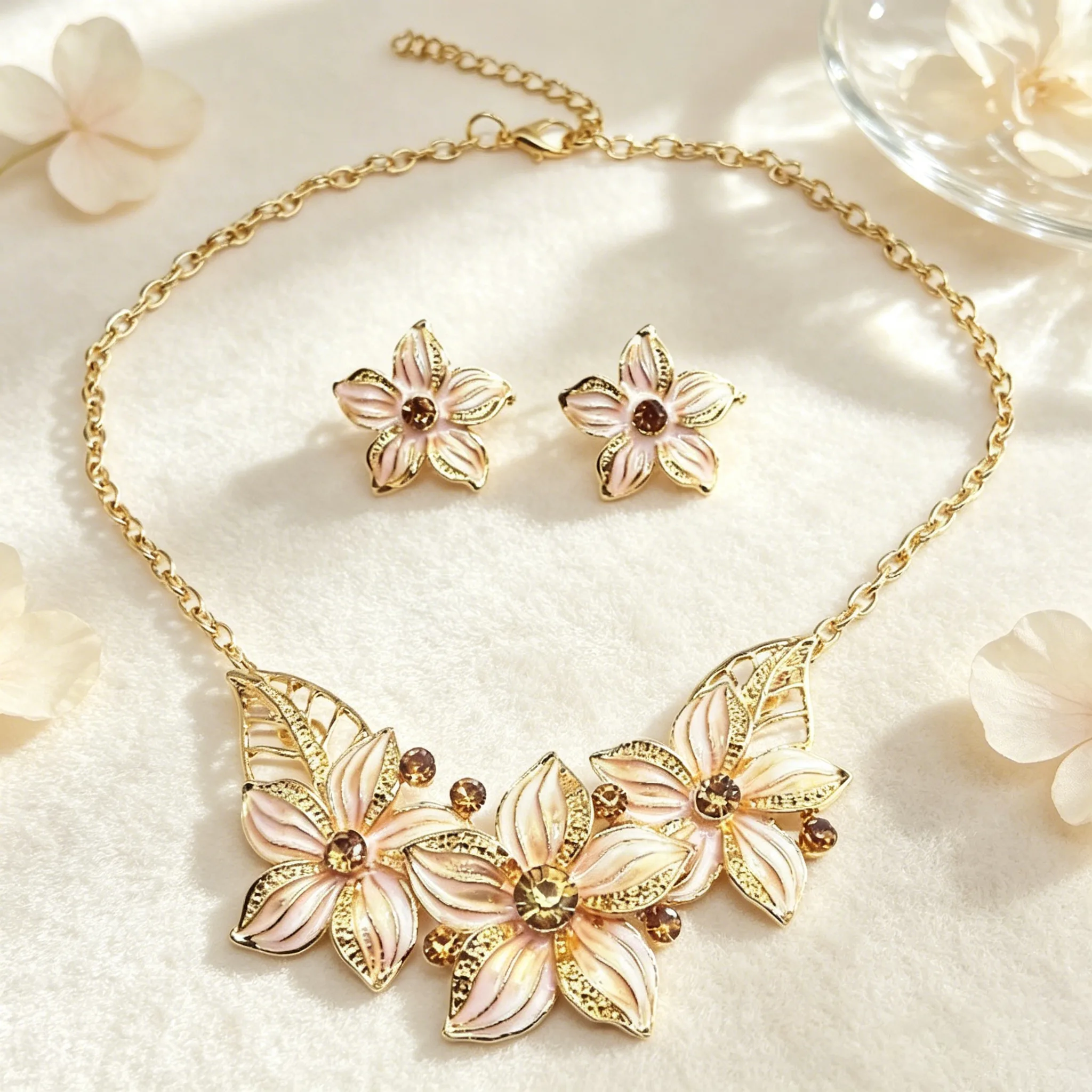 vintage Enamel Floral Rhinestone Choker Necklaces flower Stud Earrings for Women Wedding statement chunky Jewelry Sets