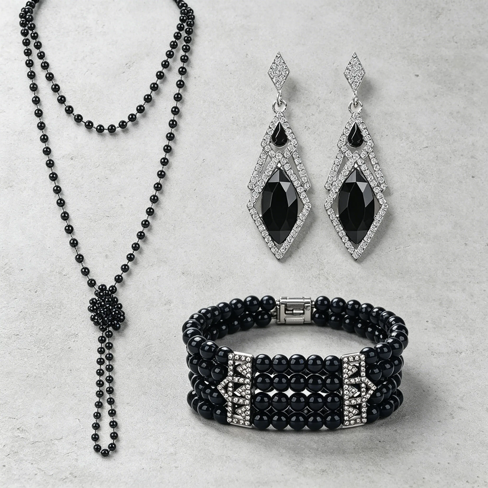 Trendy Gothic style Round Imitation Pearl Short black beaded long Necklaces bracelet Dangle Earrings Matching Jewelry Sets For Ladies women view 3