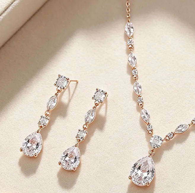 Elegant Marquise Teardrop Rhinestone Y Drop Necklaces diamond Dangle Earrings Bracelets for Women Bridal Wedding Jewelry Sets view 2