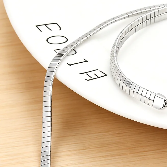 silver anti-tarnish Snake Choker Necklaces Bracelets Minimalist Smooth Flat Chain Stainless Steel Jewelry Sets For Women Stackable Accessories view 2
