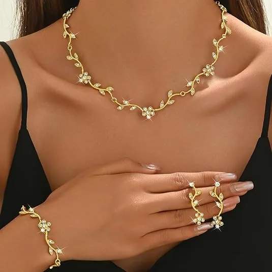 Rhinestone Flower Designer gold jewelry sets diamond-encrusted leaf necklaces earrings bracelet for women view 3