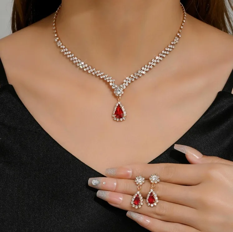 Glam V-Shaped Teardrop Rhinestone black Pendant Necklaces Drop Earrings fashion Jewelry Sets for Women bridal view 2