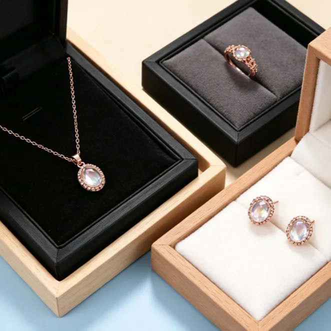 Wholesale Lustrous Iridescent Oval Crystal Pendant Necklaces Mini Stud Earrings Rings Elegant Jluxury ewelry Sets for Women view 2