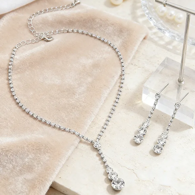 Shiny Round Rhinestone Y Shape Drop Pendant diamond Necklaces Long Tassel Earrings Charms Wedding Prom Jewelry for women