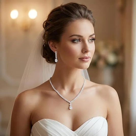 Rhinestone Inlaid Geometric Pendant Necklaces Drop Dangle Earrings tennis Jewelry Sets for women wedding gift accessories view 3